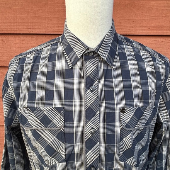 7 Diamonds Plaid Button Down Shirt Long Sleeve Western‎ Style Size L Navy Gray - Picture 1 of 7